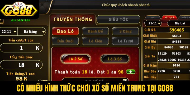 Có nhiều hình thức chơi xổ số miền Trung tại cổng game Go88